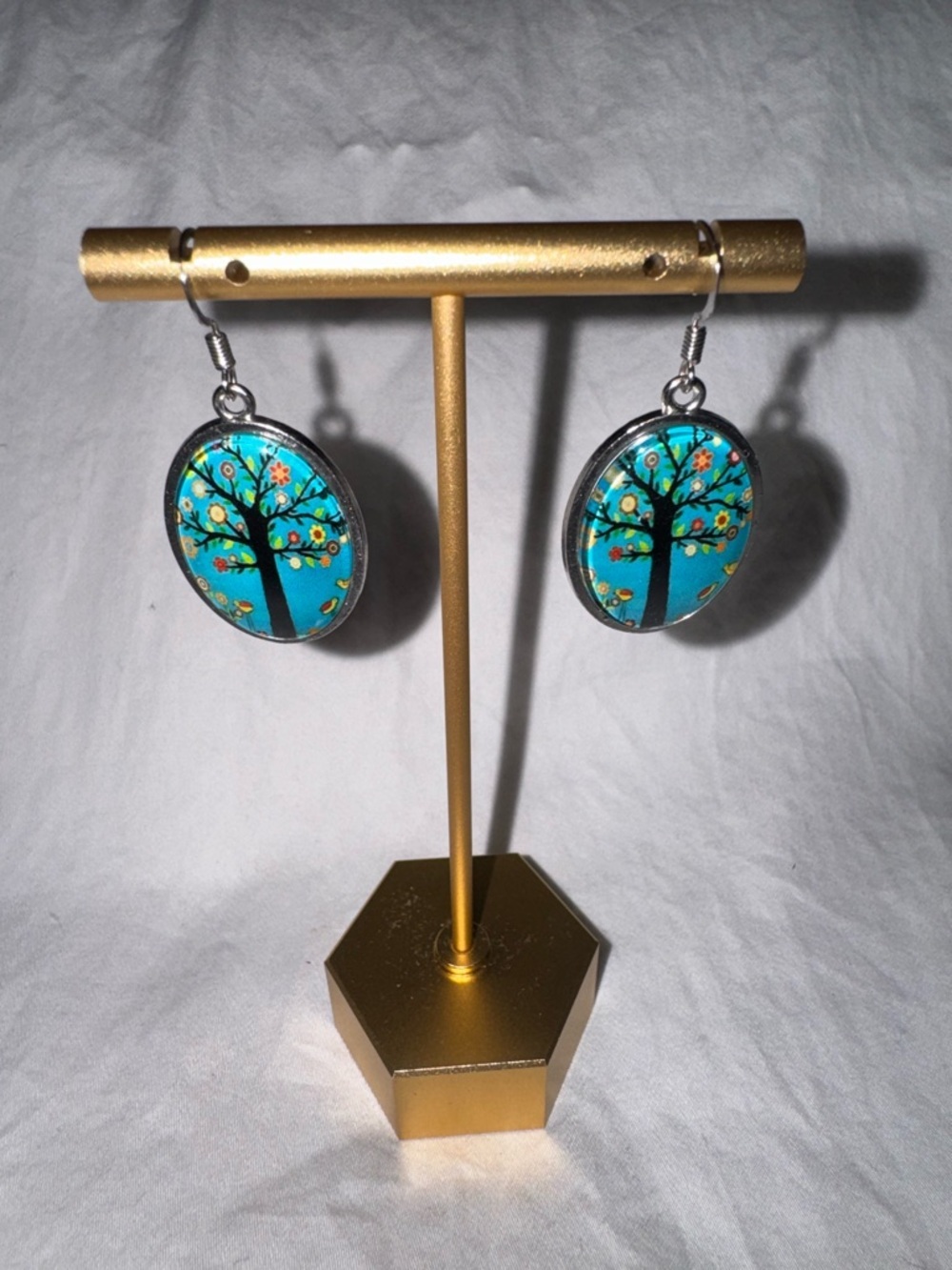 Tree of Life Colorful Floral Glass Cabochon Oval Dangle Earrings